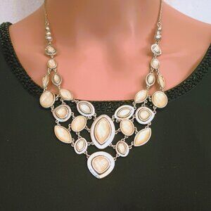 Lucky Brand Layered Bib Necklace 18" Silver Beige Cabochon Statement Jewelry